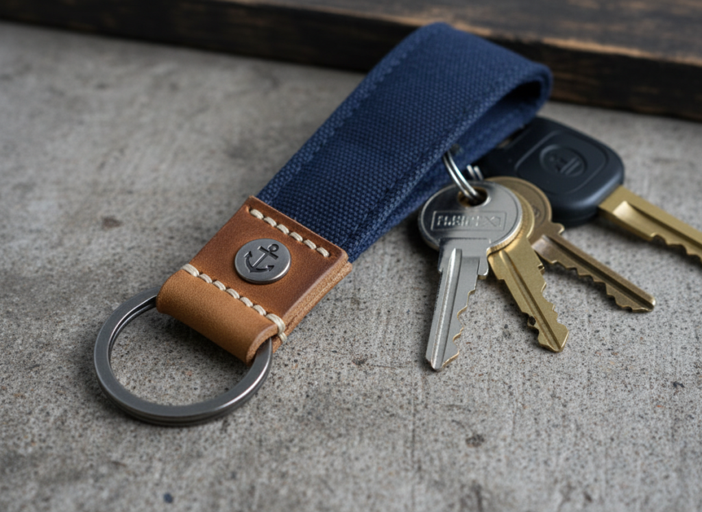 handmade fabric key fob wristlet with hardware attached to keys