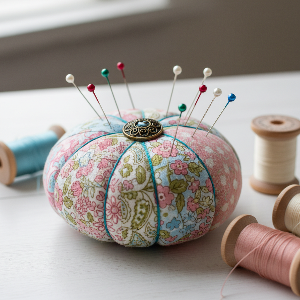 handmade fabric pincushion with decorative button and pins handmade fabric pincushion with decorative button and pins