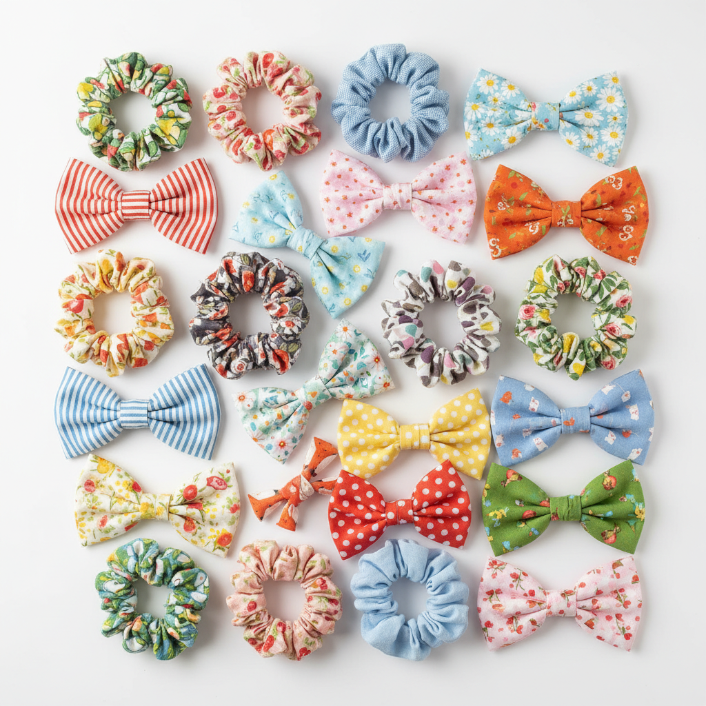 handmade fabric scrunchie and bow hair accessories