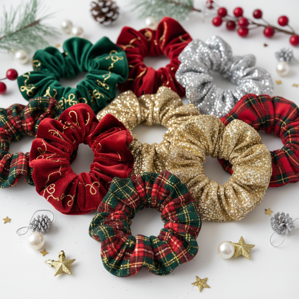 handmade fabric scrunchies in christmas patterns