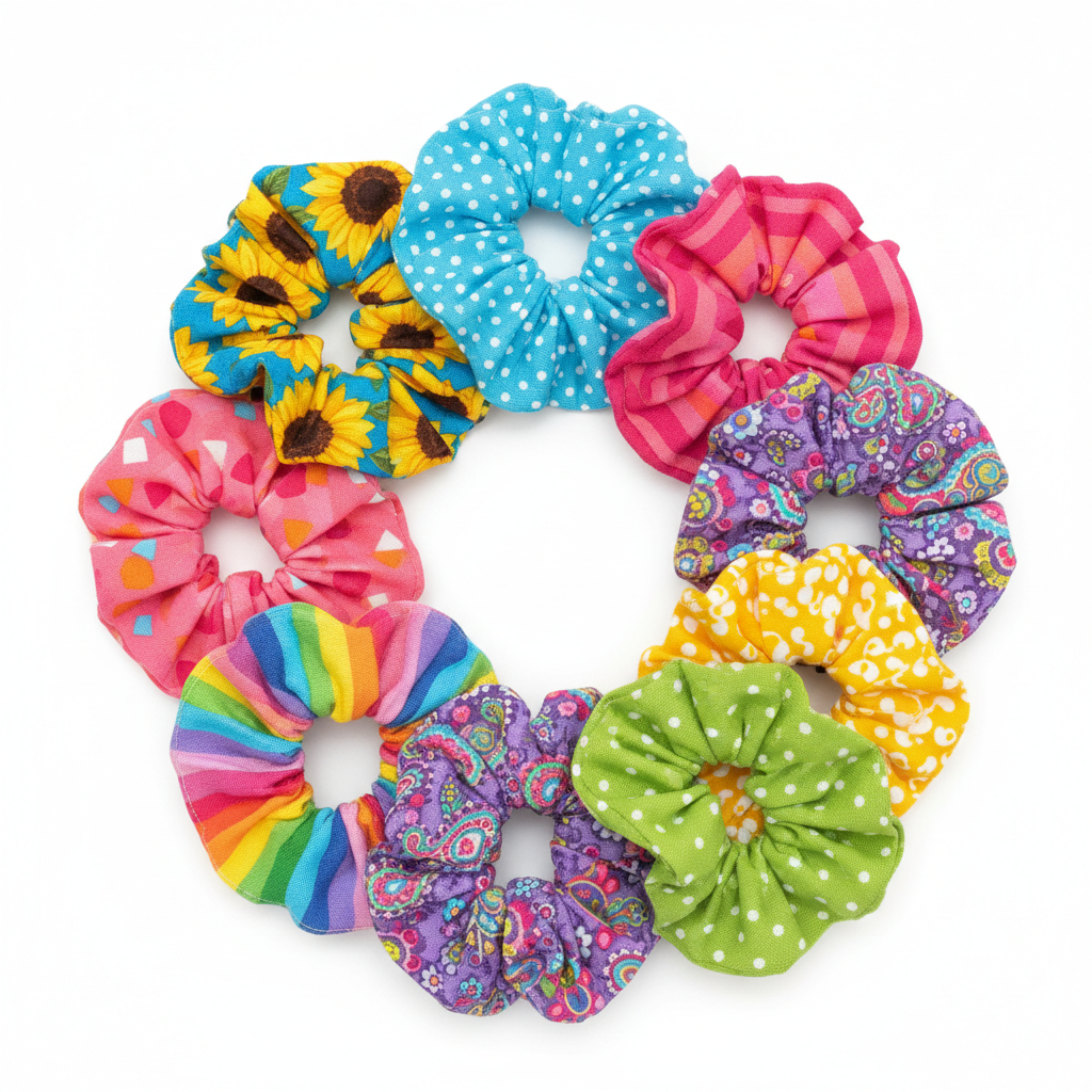 handmade fabric scrunchies in various patterns