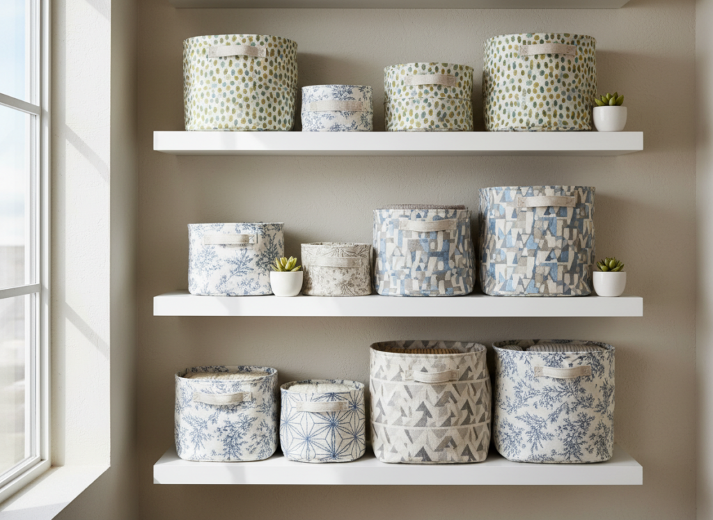 handmade fabric storage baskets on shelf