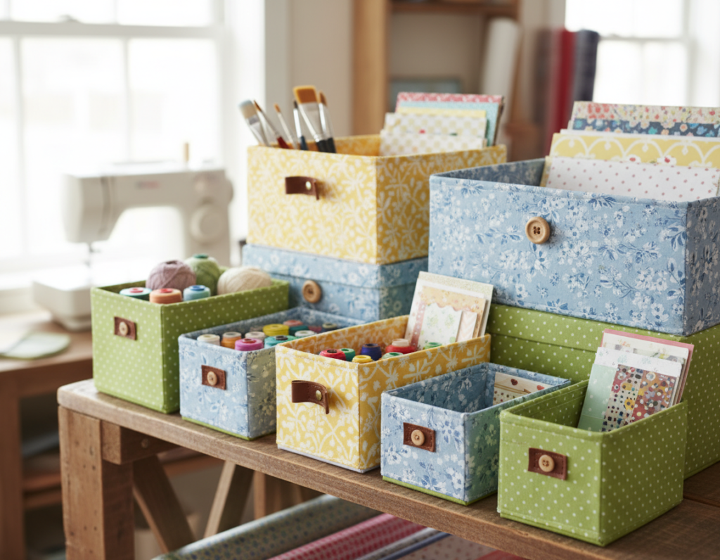 handmade fabric storage from cardboard boxes covered in pretty fabric