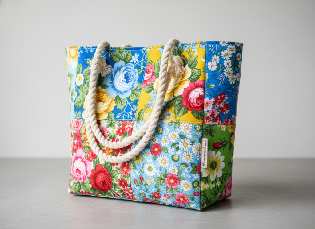 handmade fabric tote bag with colorful pattern