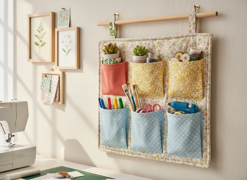 handmade fabric wall organizer with multiple pockets