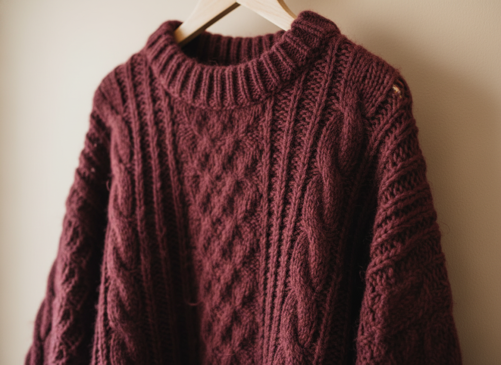 handmade fall sweater in burgundy knit fabric