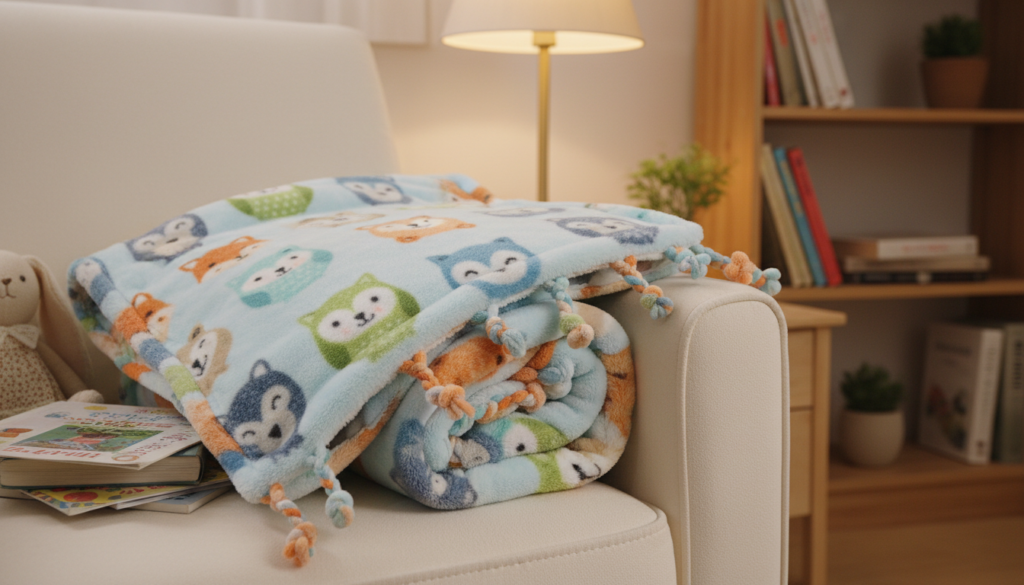 handmade fleece blanket showing easy sewing projects for kids gifts