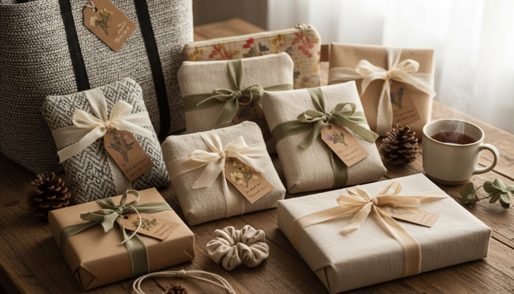 handmade gifts wrapped with fabric and ribbon