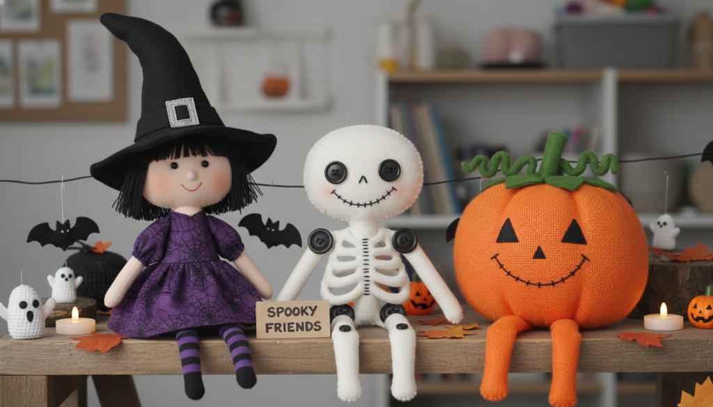 handmade halloween characters including witch, skeleton and pumpkin