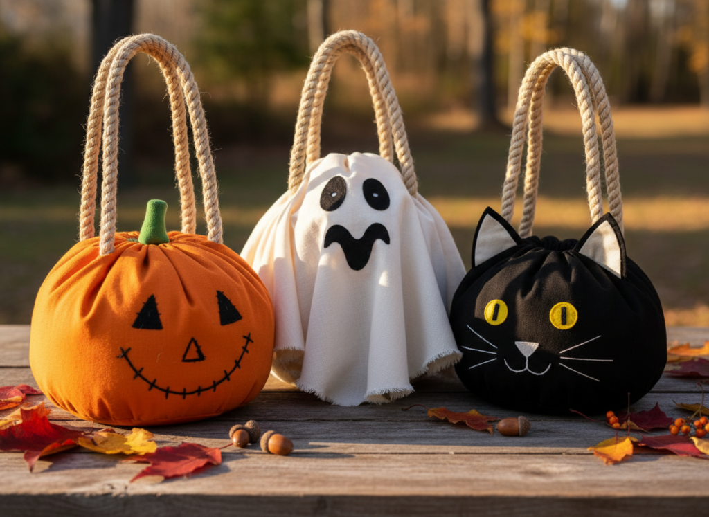 handmade halloween treat bags with pumpkin and ghost designs