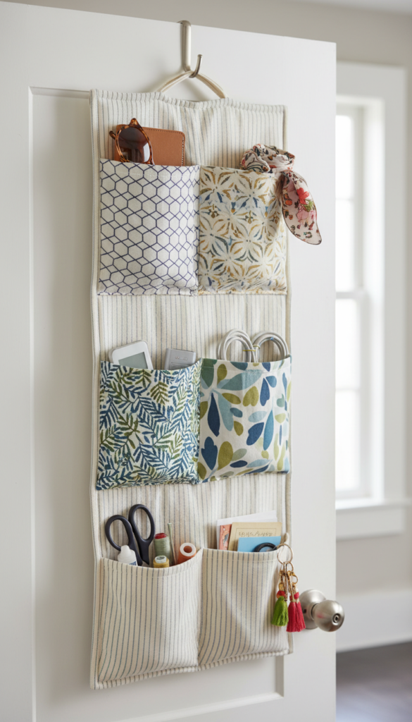 handmade hanging pocket organizer showing practical sewing project for kids room