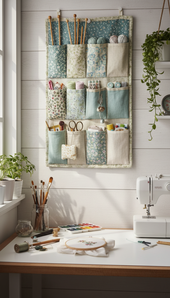 handmade hanging wall organizer with pockets
