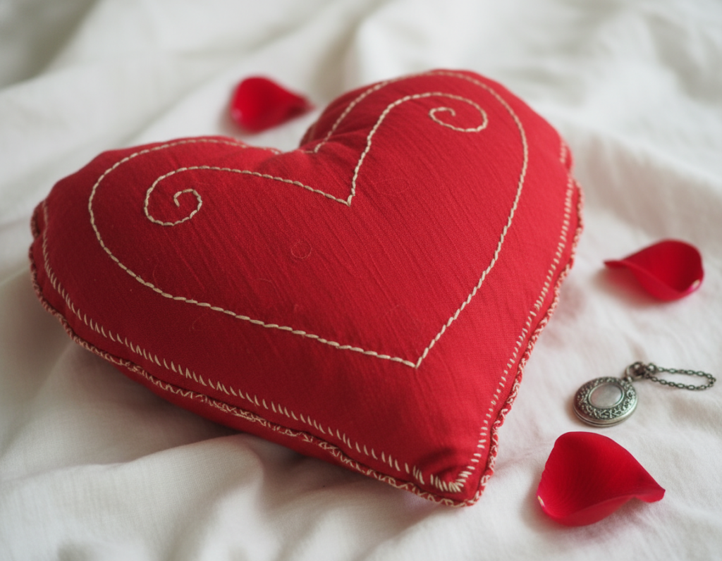 handmade heart-shaped pillow made from red fabric
