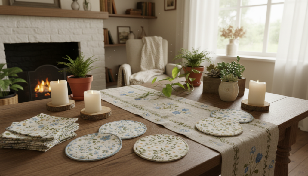 handmade home decor items including fabric coasters and table runners