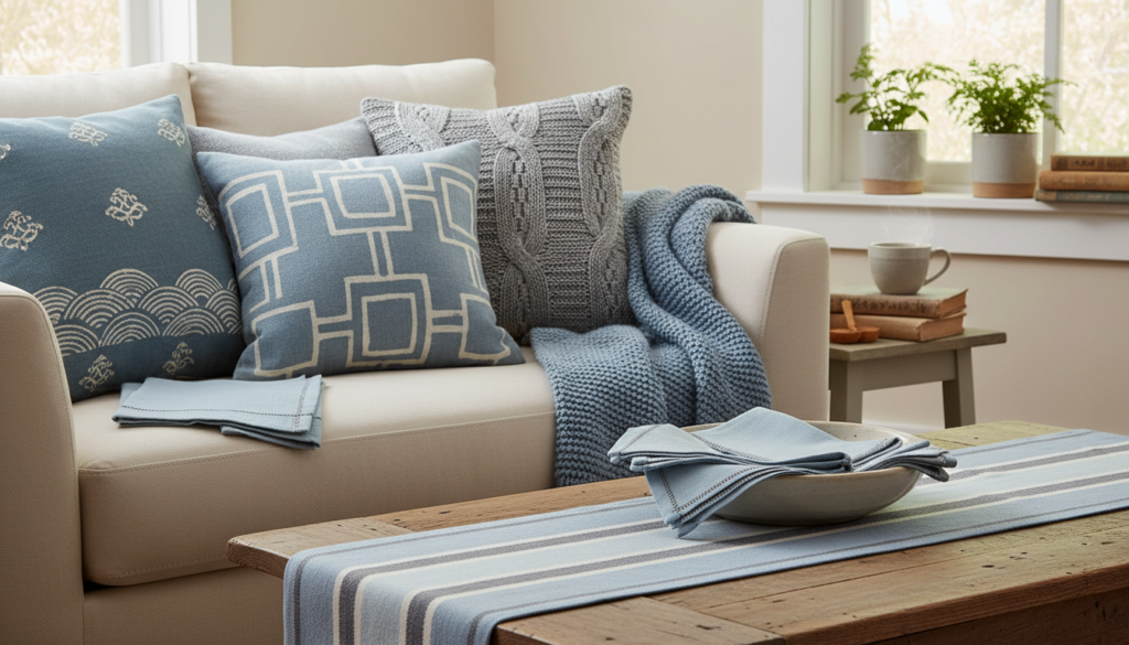 handmade home decor items including pillows and table runner