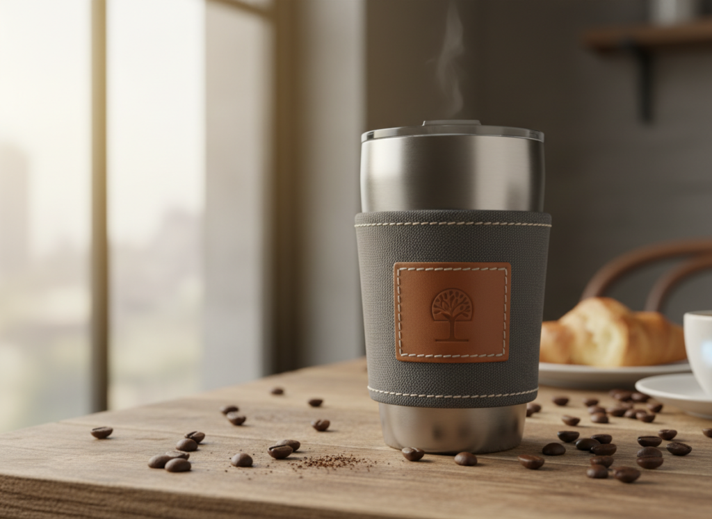 handmade insulated coffee sleeve on travel mug with pocket detail