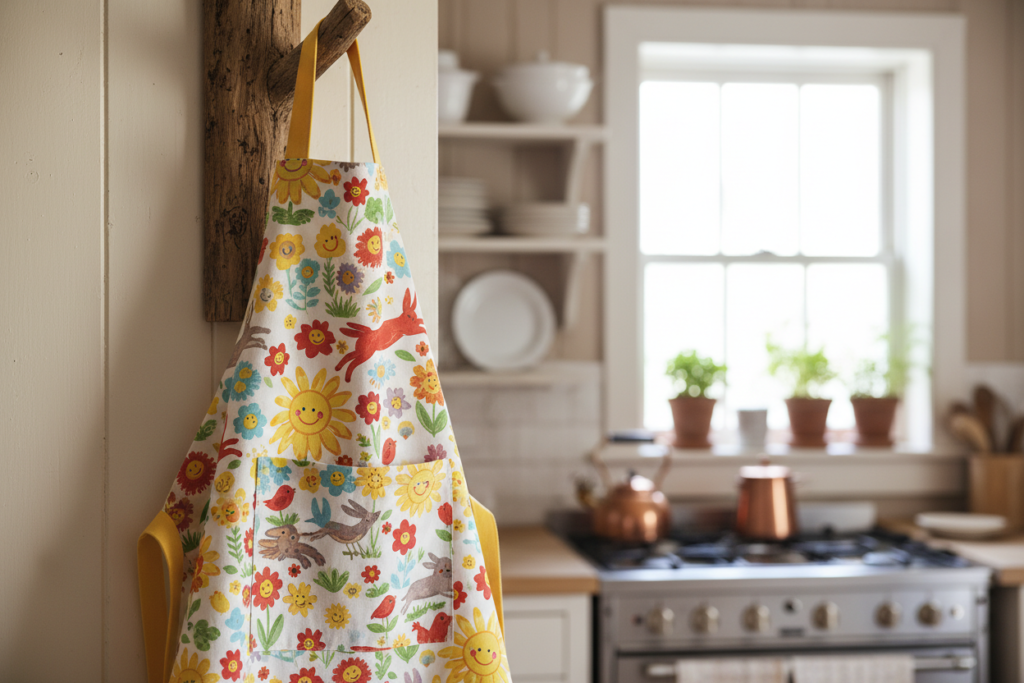 handmade kitchen apron hanging on hook