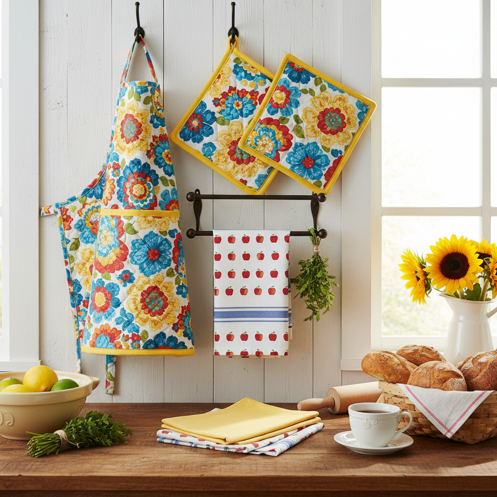 handmade kitchen items including apron and pot holders