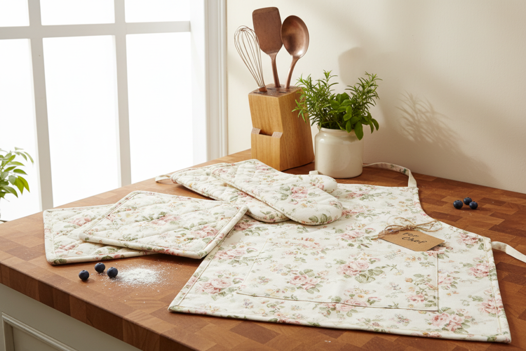 handmade kitchen items including pot holders and aprons sewn for Christmas