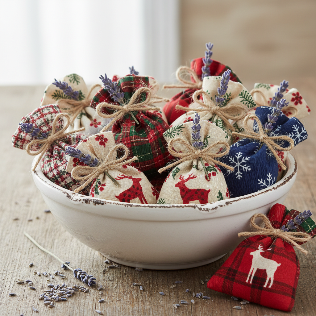 handmade lavender sachets with christmas fabric