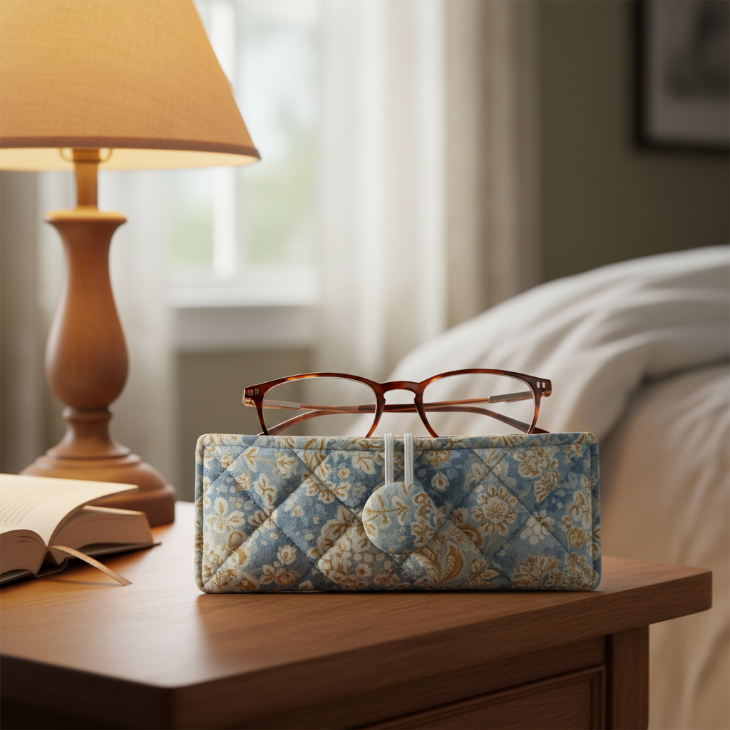 handmade padded eyeglass case with button closure and decorative fabric handmade padded eyeglass case with button closure and decorative fabric