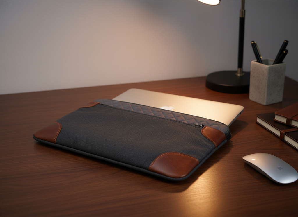 handmade padded laptop sleeve in masculine fabric with laptop inside