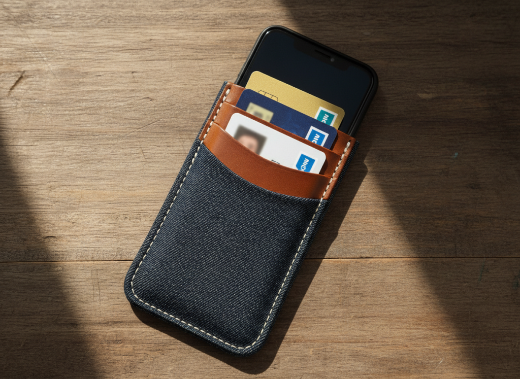 handmade padded phone case with card holder slot in masculine fabric