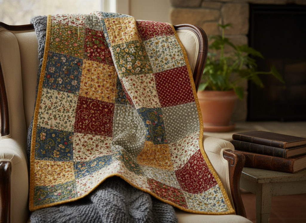 handmade patchwork quilt made from fabric scraps