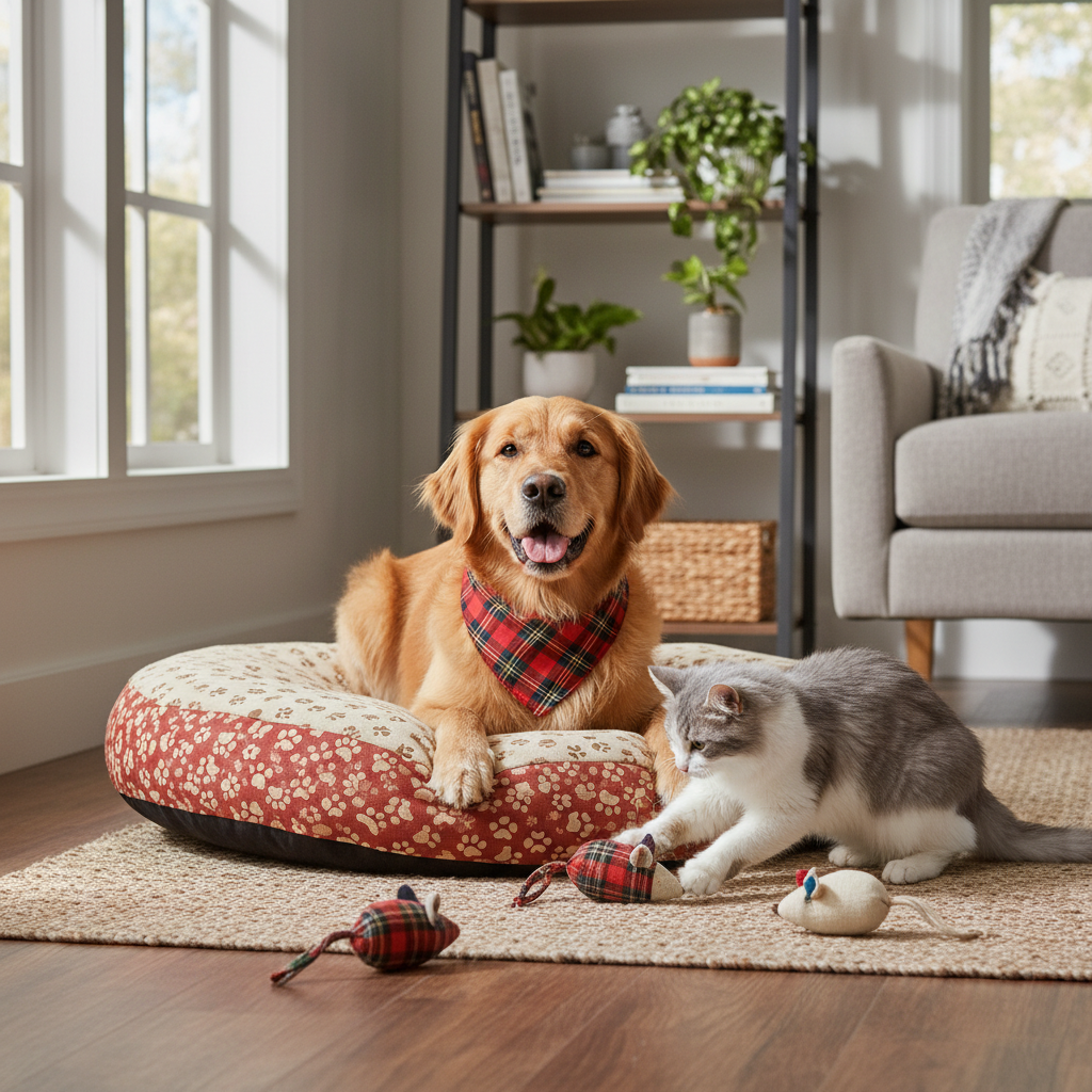 handmade pet accessories including dog bandanas and cat toys sewn for Christmas