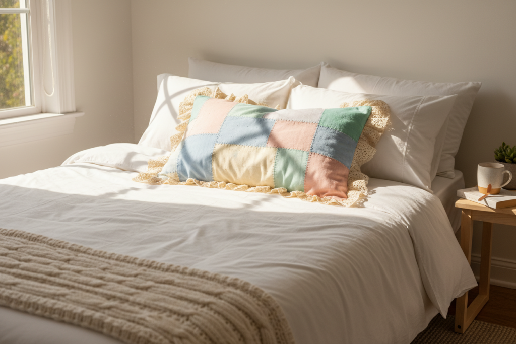handmade pillowcase with decorative trim on a bed