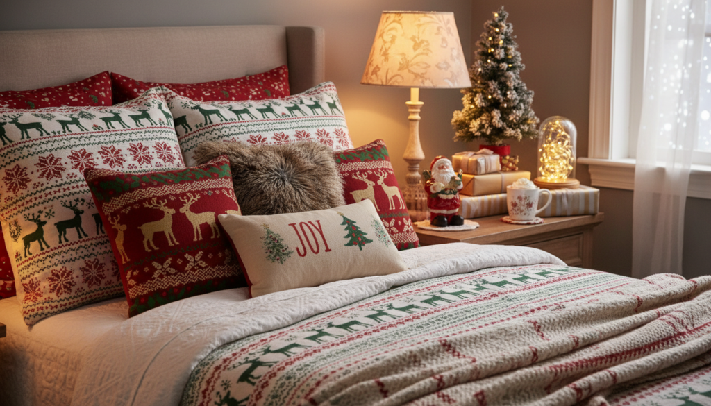 handmade pillowcases with christmas pattern on bed