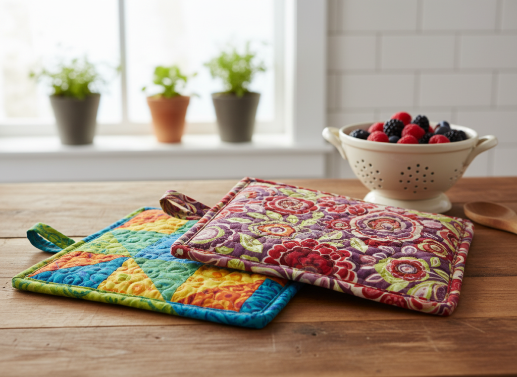 handmade pot holders on kitchen counter