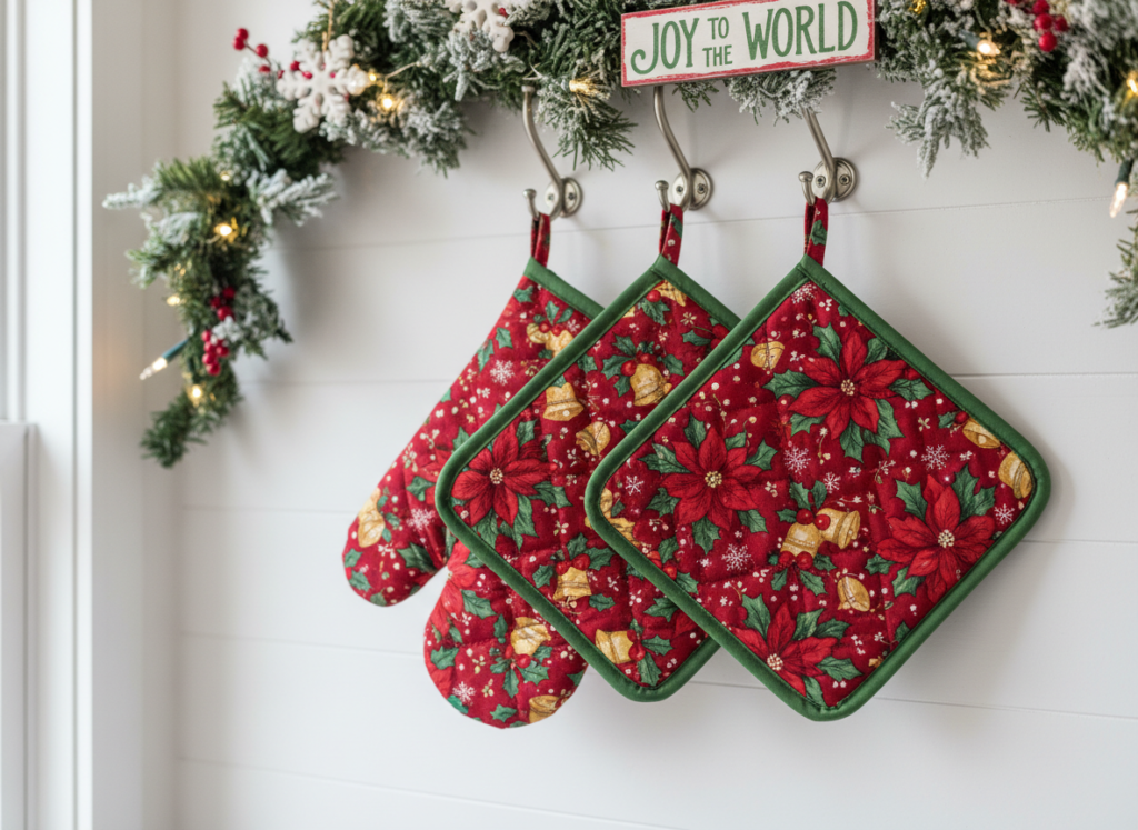 handmade quilted oven mitts with christmas design