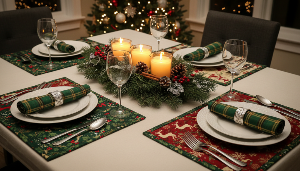 handmade quilted placemats with christmas design on table