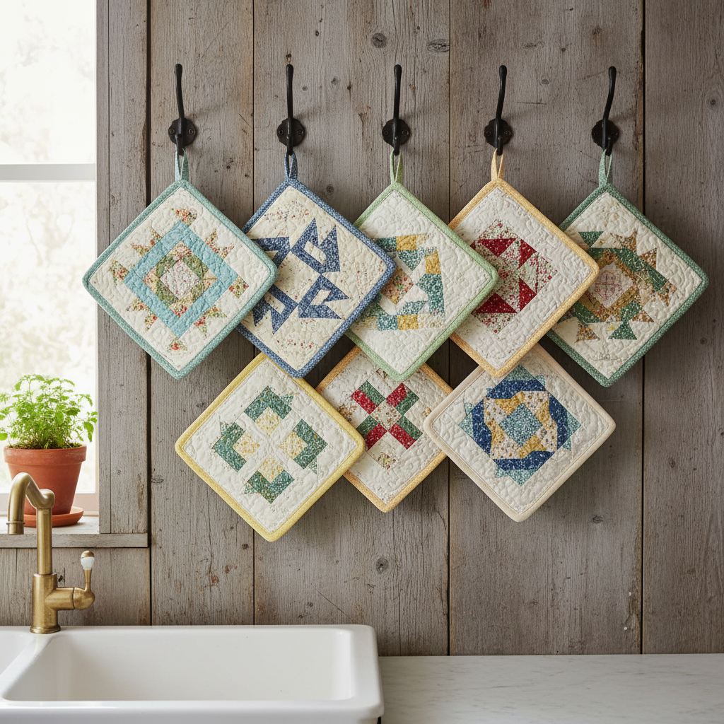 handmade quilted pot holders in bright scraps
