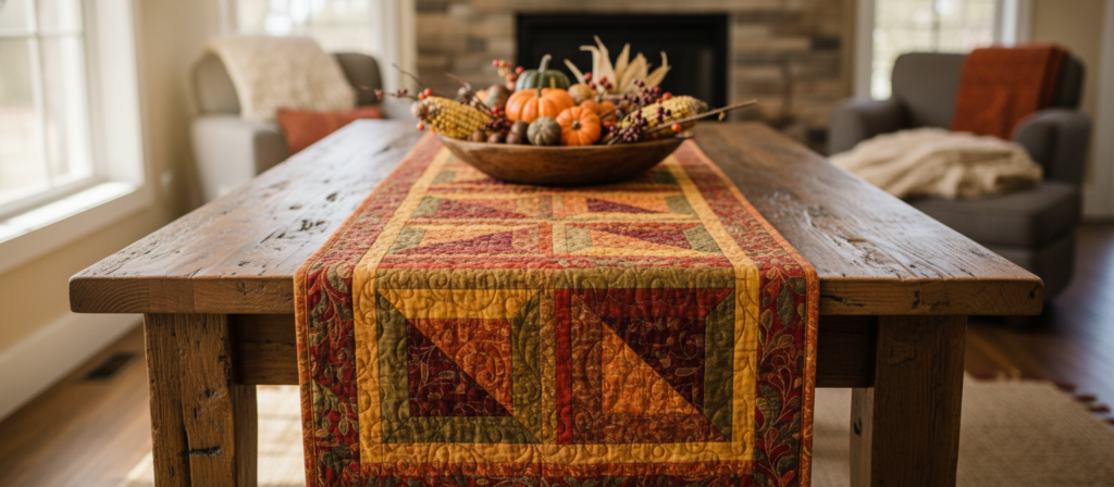handmade quilted table runner for seasonal decorating