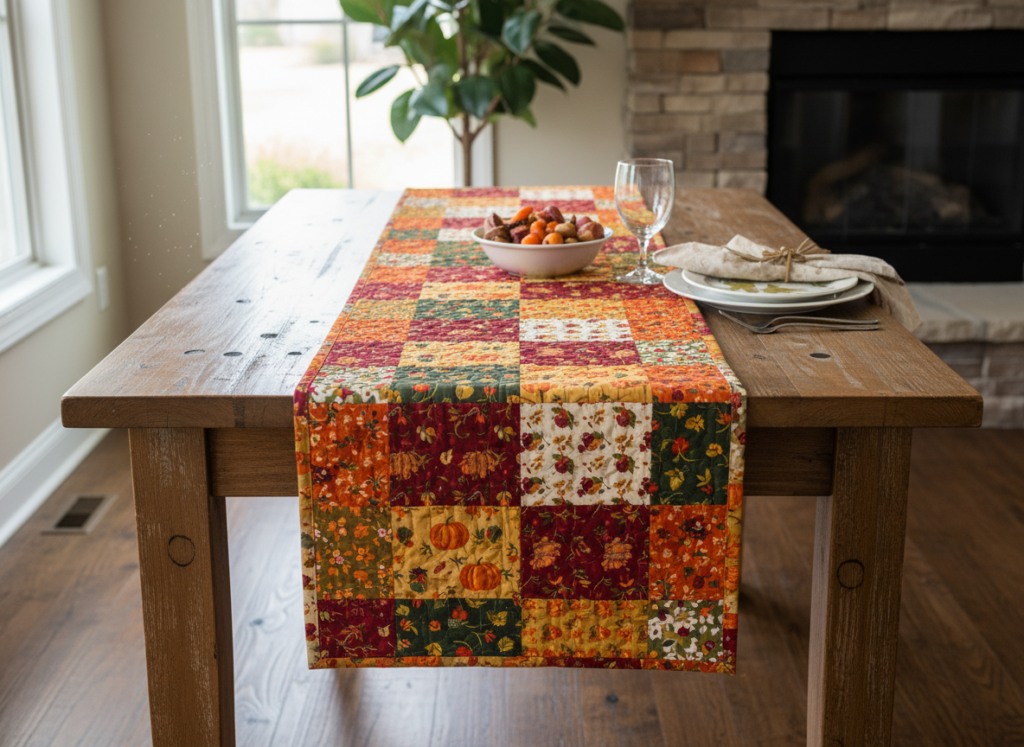 handmade quilted table runner on dining table