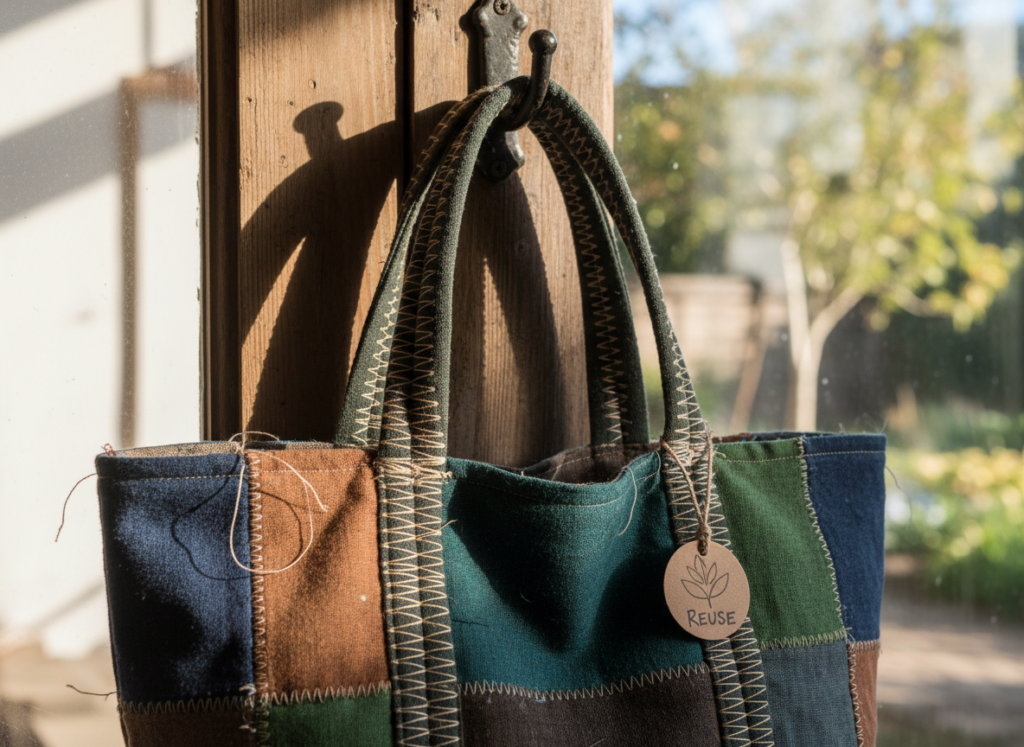handmade reusable shopping bag made from fabric scraps with hand-sewn handles handmade reusable shopping bag made from fabric scraps with hand-sewn handles