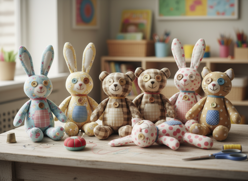 handmade stuffed animal toys in bright fabrics