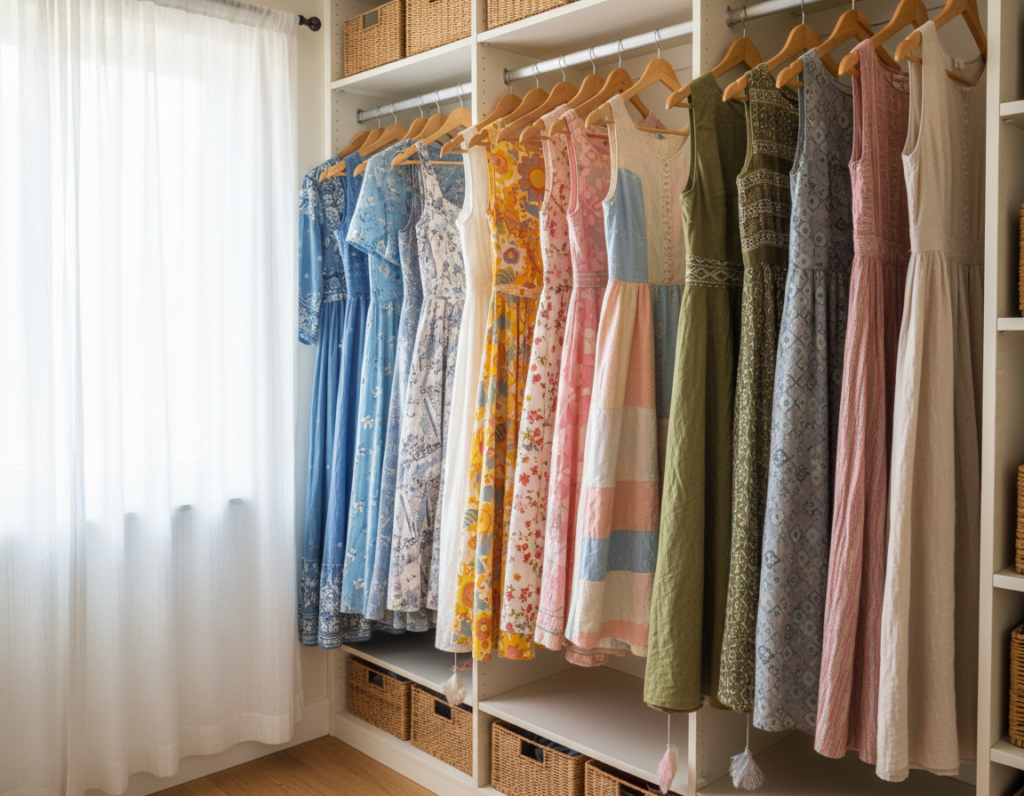 handmade summer dresses hanging in organized closet