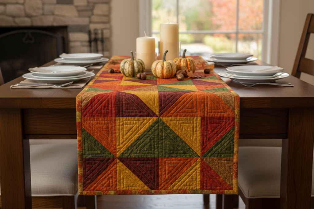 handmade table runner on dining table setting