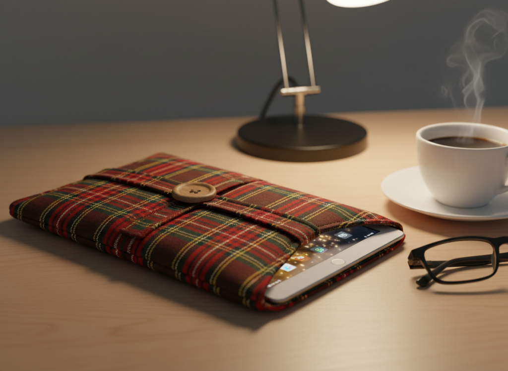 handmade tablet cover with christmas fabric pattern