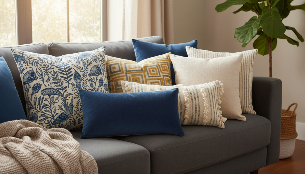 handmade throw pillows in coordinating fabrics on couch