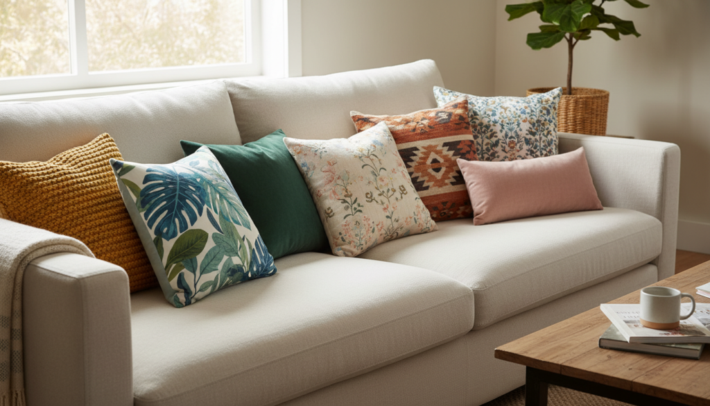 handmade throw pillows sewn from various fabric patterns