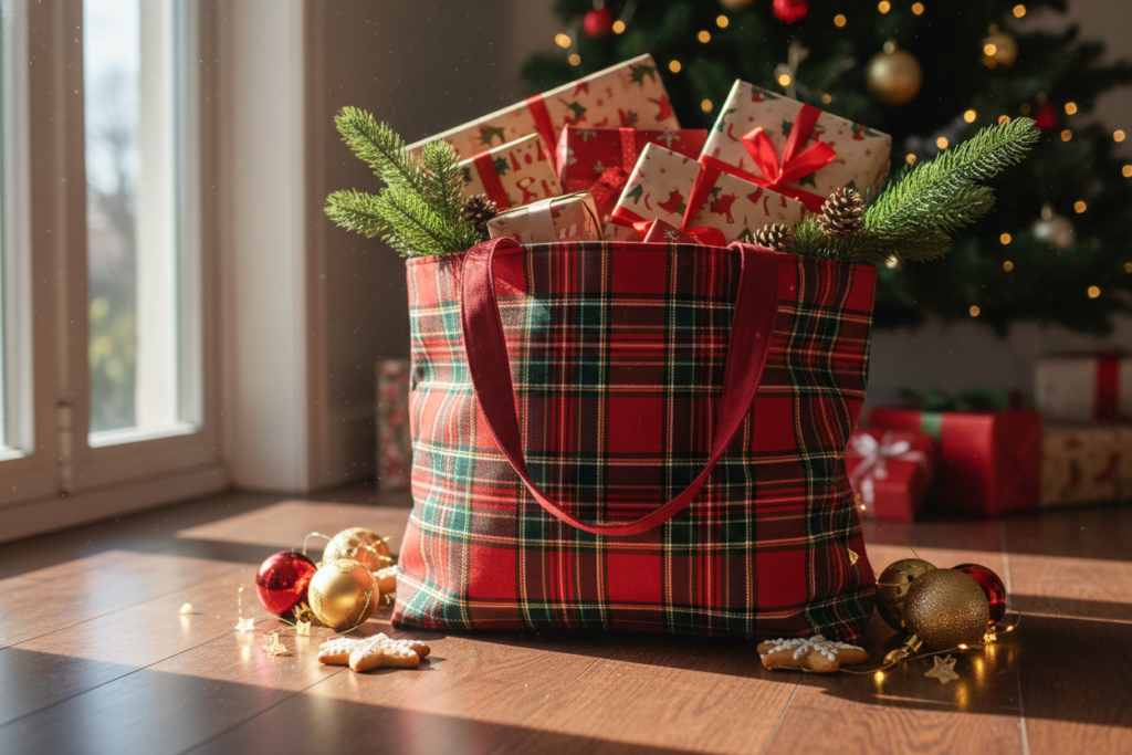 handmade tote bag with christmas design