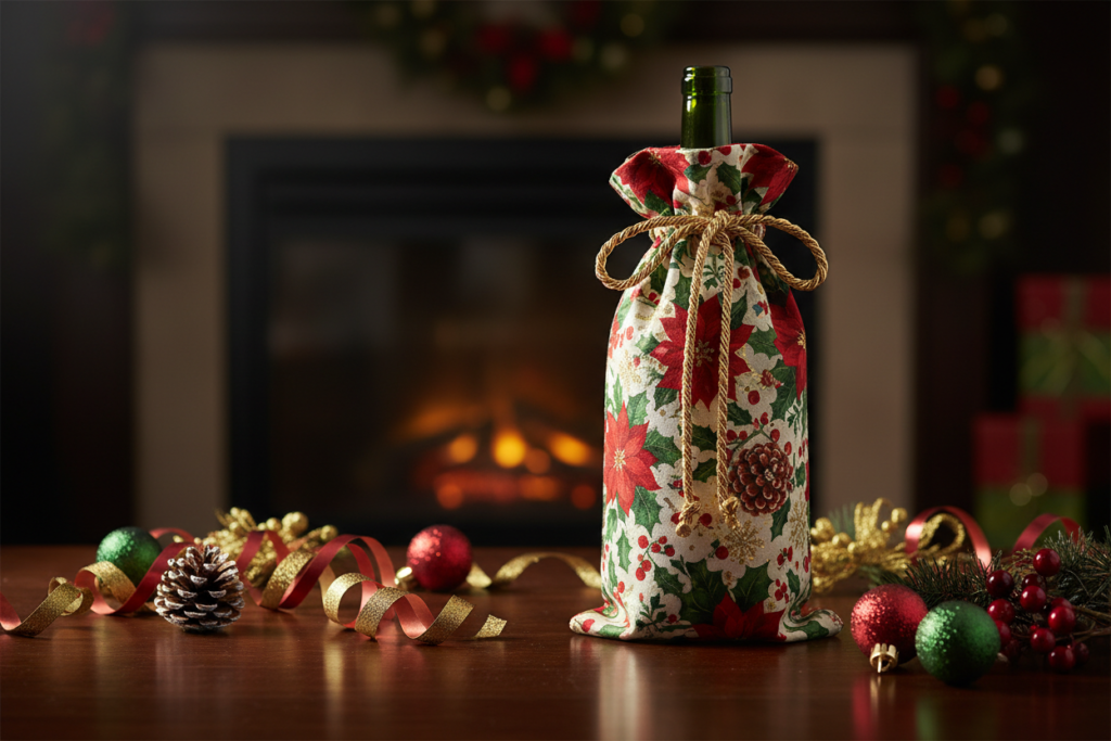 handmade wine bottle gift bag with christmas fabric
