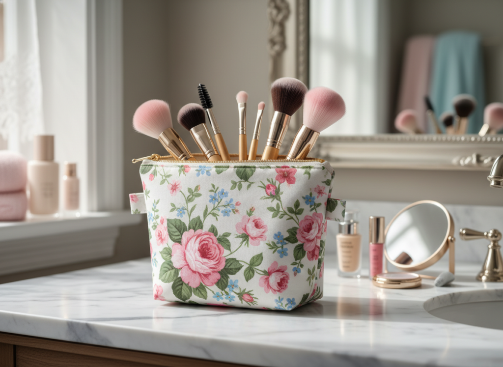 handmade zippered cosmetic pouch in pretty fabric pattern for Christmas gift