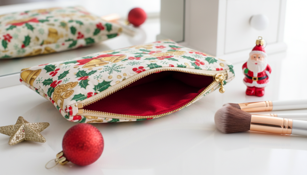 handmade zippered makeup pouch with christmas fabric