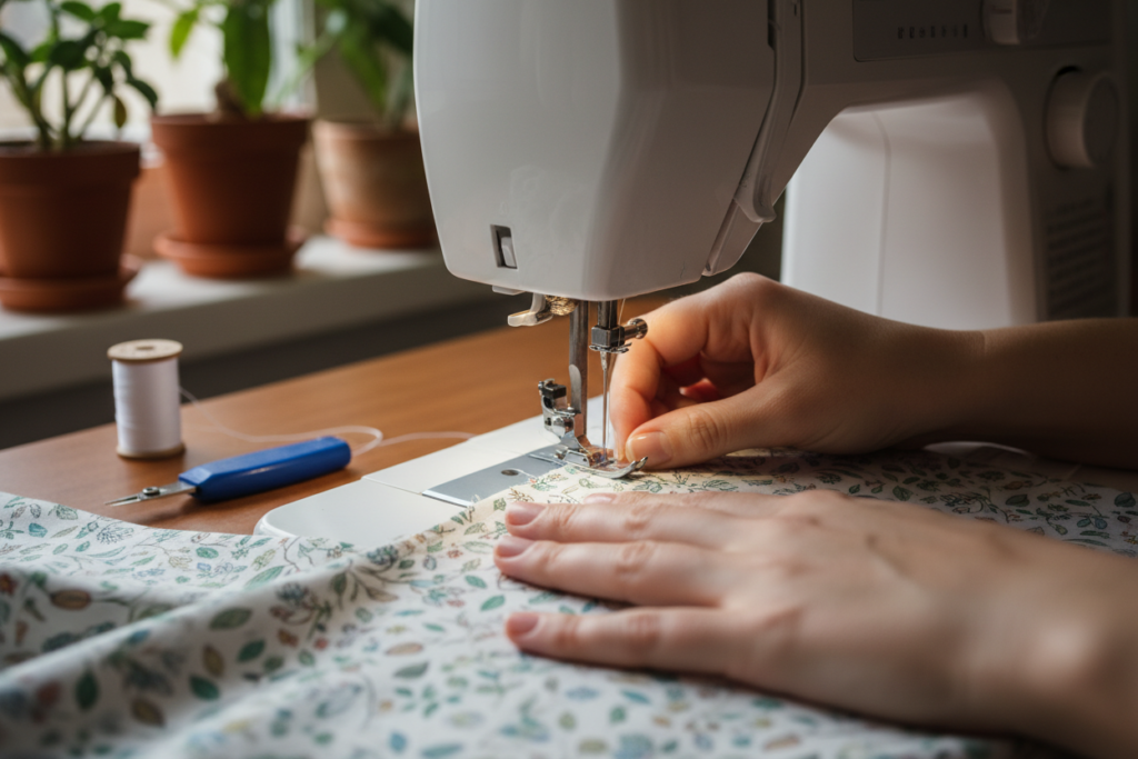 hands carefully guiding fabric through sewing machine