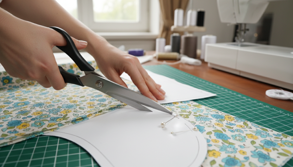hands cutting fabric with pattern pieces pinned